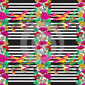 Seamless exotic bird flying and botanical border frame with tropical flowers print stripes pattern geometric retro background