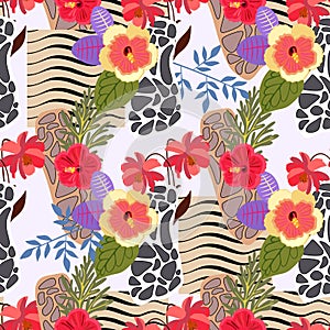 Seamless exotic patchwork pattern with stylized skin of zebra and leopard and tropical flowers and leaves. Print for fabric