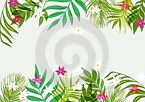 Seamless exotic pattern with tropical leaves and flowers.