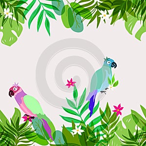 Seamless exotic pattern with tropical leaves and flowers.