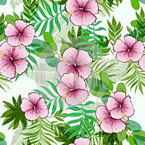 Seamless exotic pattern with tropical leaves and flowers.