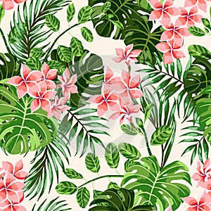 Seamless exotic pattern with tropical leaves and flowers.