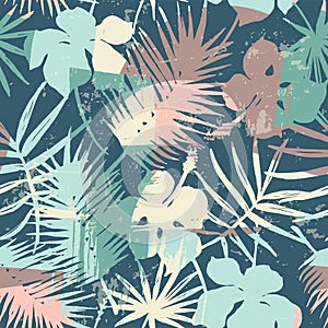 Seamless exotic pattern with tropical plants and artistic background.