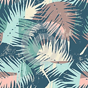 Seamless exotic pattern with tropical plants and artistic background.