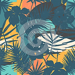 Seamless exotic pattern with tropical plants and artistic background.