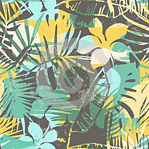 Seamless exotic pattern with tropical plants and artistic background.