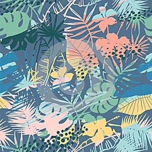 Seamless exotic pattern with tropical plants and artistic background