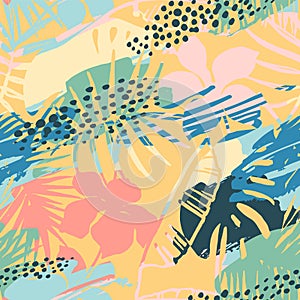 Seamless exotic pattern with tropical plants and artistic background