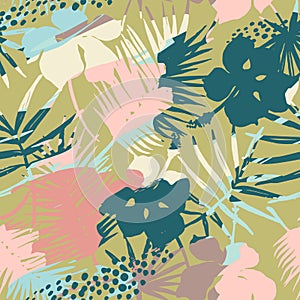 Seamless exotic pattern with tropical plants and artistic background