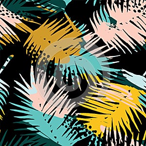 Seamless exotic pattern with tropical plants and artistic background