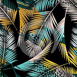 Seamless exotic pattern with tropical plants and artistic background.