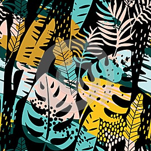 Seamless exotic pattern with tropical plants and artistic background.