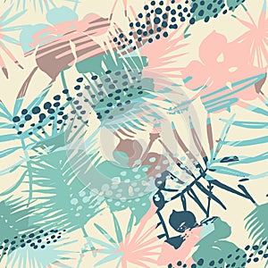 Seamless exotic pattern with tropical plants and artistic background.