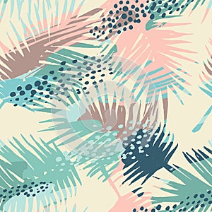 Seamless exotic pattern with tropical plants and artistic background.