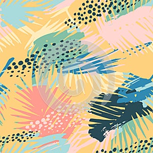 Seamless exotic pattern with tropical plants and artistic background.