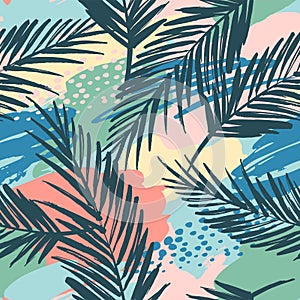 Seamless exotic pattern with tropical plants and artistic background.