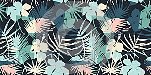 Seamless exotic pattern with tropical plants and artistic background.