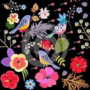 Seamless exotic pattern witn funny birds and bright flowers isolated on black background in vector. Print for fabric, paper
