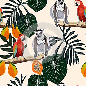 Seamless exotic tropical pattern with leaves, pitaya fruits, lemur and parrot birds.
