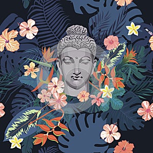 Seamless exotic style vector pattern with Buddha head, flowers, leaves, feathers.