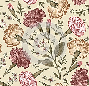 Seamless fabric pattern isolated flowers Vintage background Carnation Croton Wallpaper Drawing engraving Vector Illustration