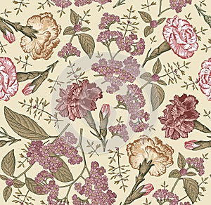 Seamless fabric pattern isolated flowers Vintage background Carnation Wallpaper Drawing engraving Vector Illustration Heliotrope