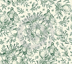 Seamless fabric pattern isolated flowers Vintage background Dogrose Rosehip Wallpaper Drawing engraving Vector Illustration retro