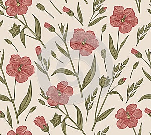 Seamless fabric pattern isolated flowers Vintage background Linum Flax Wallpaper Drawing engraving Vector Illustration victorian