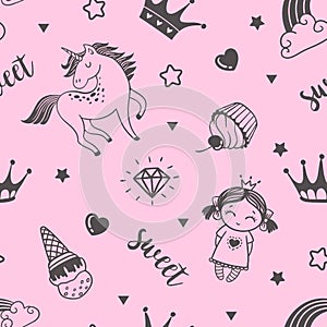 Seamless fairytale pattern with clouds, cupcakes, princess, unicorn, rainbow and crowns. Magic pink cartoon background