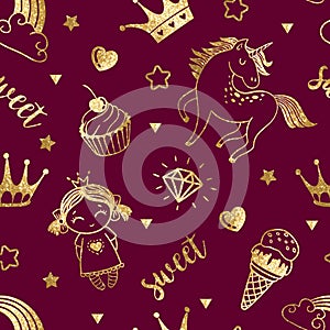 Seamless fairytale pattern with gold glitter clouds, cupcakes, princess, unicorn, rainbow and crowns. Magic purple cartoon