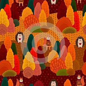 Seamless fall forest pattern, vector background