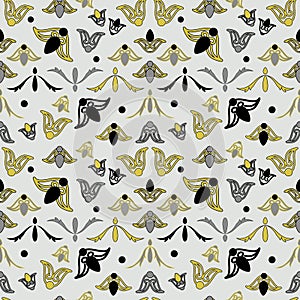 Seamless fantasy plant vector pattern in noble natural shades damask style, gray, yellow lemon trending