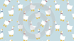 Seamless farmhouse pattern with hand drawn geese wearing blue and red bows. Countryside farm kitchen design for print, textile,