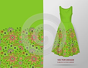 Seamless fashion background. Women`s long dress mock up with bright seamless hand drawn pattern for textile, paper print