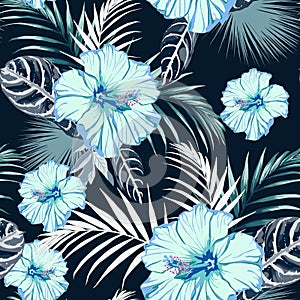 Seamless fashionable abstract graphical hand drawing blue hibiscus flowers and exotic leaves, print on dark background.