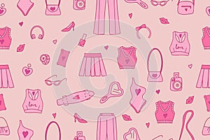 Seamless fashionable pink patterns in Barbicore style. . Vector illustration