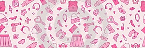 Seamless fashionable pink patterns in Barbicore style. . Vector illustration