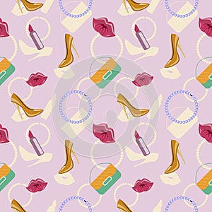 Seamless fashionable vector pattern, chaotic background with shoes, clutches, beads, lipstick and lips, over pink backdrop