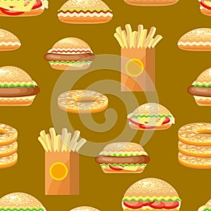 Seamless fast food background pattern with hamburger, fries.