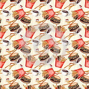 Seamless fast food pattern with cheeseburgers and french fries