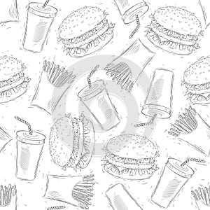 Seamless fast food pattern. Hand drawing.