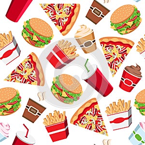 Seamless fast food pattern, vector fast food background for web design, packing, fabric, textile. Tasty fast food on white backgro