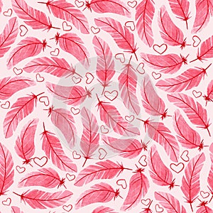 Seamless feather pattern for valentines day. Watercolor background for design, decor, print, textile, etc.
