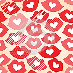 Seamless festive background with lips and hearts