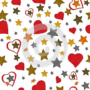 Seamless festive background for Valentine`s Day or wedding. Pattern with stars and hearts.