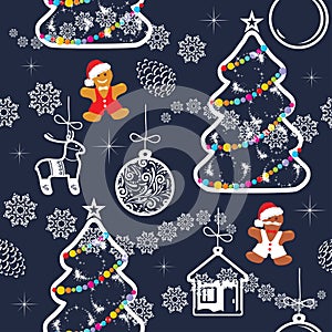 Seamless festive pattern with Christmas tree and toys