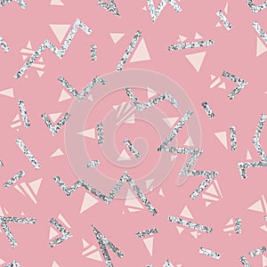 Seamless festive pattern. Silver geometric elements on a pink ba