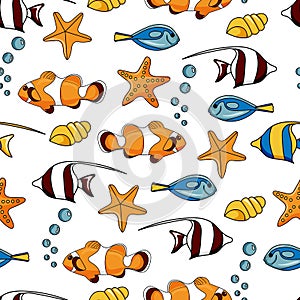 Seamless fish pattern of Ocellaris Clownfish, Paracanthurus Hepatus, Moorish Idol.