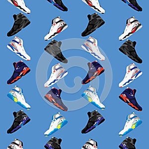 Seamless flat vector pattern of retro basketball shoes sneakers