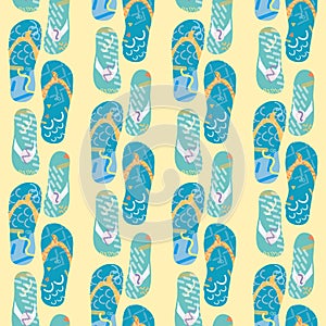 Seamless flip flop shoe vector pattern background. Modern Memphis style sandals on zig zag motif backdrop. Funky hot